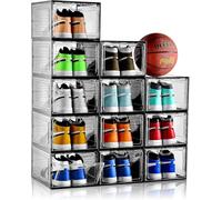 INSTY 12 Pack Gray Transparent Shoe Storage Organizer, Stackable Shoe Boxes for Closet, Drop Front Plastic Shoe Box with Grey Door, Easy to Assemble, Fit up US Size 12(13.4”x 9.8”x 7.1”)