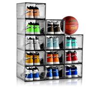 INSTY 12 Pack Gray Transparent Shoe Storage Organizer, Stackable Shoe Boxes for Closet, Drop Front Plastic Shoe Box with Grey Door, Easy to Assemble, Fit up US Size 12(13.4”x 9.8”x 7.1”)