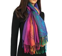 InStyle Bags Women's Large Multicolour Pashmina Shawl, Rainbow Coloured Shawl, Multi Colour Pashmina Scarf, Paisley Pashmina Scarf (purple feather)