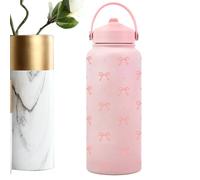 Insulated Bottle, 1L Bow Pattern Stainless Steel Thermal Cup with Double Wall, Cool Water Bottles with Straw and Leak-Proof Lid, for Hot Cold Coffee School Sports, Home Travel Outdoor Hydration