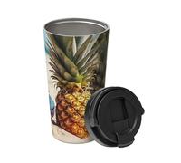 Insulated Coffee Mug with Handle and Leakproof Lid Travel Tumbler Pineapple Fruit Sunglasses Sand Beach Stainless Steel Double Wall Vacuum Travel Mug Reusable Coffee Tumbler for Hot Iced Coffee Tea