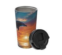 Insulated Coffee Mug with Handle Stainless Steel Coffee Tumbler Vacuum Leak-Proof Travel Mug Reusable Car Cup Dolphins and Palm Trees Coffee Cups for Travel Office 500 ML