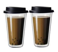Insulated Coffee Mug with Lid 2PCS 12oz Double Walled Glass Coffee Tumbler, Reusable Clear Coffee Cups, Dishwasher Safe Glass Travel Mug for Hot or Cold Drinks