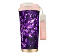 Insulated Coffee Travel Mug, Beautiful Purple Glitter Print Double Wall Stainless Steel Thermal Cup for Hot and Cold Drinks, 500ml Coffee Cup with Leakproof Lid and Straw, for Office Commute Camping
