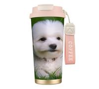 Insulated Coffee Travel Mug, Bichon On The Grass Print Double Wall Stainless Steel Thermal Cup for Hot and Cold Drinks, 500ml Coffee Cup with Leakproof Lid and Straw, for Office Commute Camping