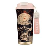 Insulated Coffee Travel Mug, Cool Skull Graphics Print Double Wall Stainless Steel Thermal Cup for Hot and Cold Drinks, 500ml Coffee Cup with Leakproof Lid and Straw, for Office Commute Camping