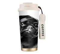 Insulated Coffee Travel Mug, Cute Black Pug Dog Print Double Wall Stainless Steel Thermal Cup for Hot and Cold Drinks, 500ml Coffee Cup with Leakproof Lid and Straw, for Office Commute Camping