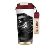 Insulated Coffee Travel Mug, Cute Black Pug Dog Print Double Wall Stainless Steel Thermal Cup for Hot and Cold Drinks, 500ml Coffee Cup with Leakproof Lid and Straw, for Office Commute Camping