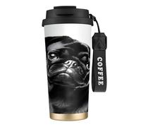 Insulated Coffee Travel Mug, Cute Black Pug Dog Print Double Wall Stainless Steel Thermal Cup for Hot and Cold Drinks, 500ml Coffee Cup with Leakproof Lid and Straw, for Office Commute Camping