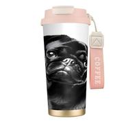 Insulated Coffee Travel Mug, Cute Black Pug Dog Print Double Wall Stainless Steel Thermal Cup for Hot and Cold Drinks, 500ml Coffee Cup with Leakproof Lid and Straw, for Office Commute Camping