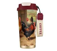 Insulated Coffee Travel Mug, Farm Chickens Print Double Wall Stainless Steel Thermal Cup for Hot and Cold Drinks, 500ml Coffee Cup with Leakproof Lid and Straw, for Office Commute Camping