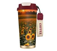 Insulated Coffee Travel Mug, Farm Sunflowers Print Double Wall Stainless Steel Thermal Cup for Hot and Cold Drinks, 500ml Coffee Cup with Leakproof Lid and Straw, for Office Commute Camping