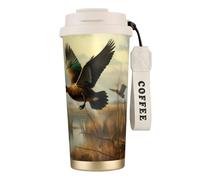 Insulated Coffee Travel Mug, Hunting Flying Wild Print Double Wall Stainless Steel Thermal Cup for Hot and Cold Drinks, 500ml Coffee Cup with Leakproof Lid and Straw, for Office Commute Camping