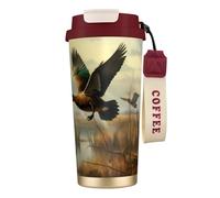 Insulated Coffee Travel Mug, Hunting Flying Wild Print Double Wall Stainless Steel Thermal Cup for Hot and Cold Drinks, 500ml Coffee Cup with Leakproof Lid and Straw, for Office Commute Camping