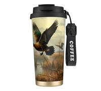 Insulated Coffee Travel Mug, Hunting Flying Wild Print Double Wall Stainless Steel Thermal Cup for Hot and Cold Drinks, 500ml Coffee Cup with Leakproof Lid and Straw, for Office Commute Camping