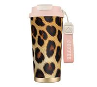 Insulated Coffee Travel Mug, Leopard Skin Pattern Print Double Wall Stainless Steel Thermal Cup for Hot and Cold Drinks, 500ml Coffee Cup with Leakproof Lid and Straw, for Office Commute Camping