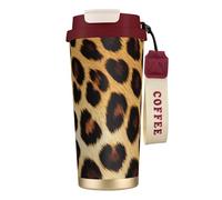 Insulated Coffee Travel Mug, Leopard Skin Pattern Print Double Wall Stainless Steel Thermal Cup for Hot and Cold Drinks, 500ml Coffee Cup with Leakproof Lid and Straw, for Office Commute Camping