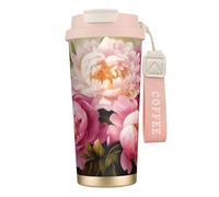 Insulated Coffee Travel Mug, Peony Flowers Blossom Print Double Wall Stainless Steel Thermal Cup for Hot and Cold Drinks, 500ml Coffee Cup with Leakproof Lid and Straw, for Office Commute Camping