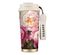 Insulated Coffee Travel Mug, Peony Flowers Blossom Print Double Wall Stainless Steel Thermal Cup for Hot and Cold Drinks, 500ml Coffee Cup with Leakproof Lid and Straw, for Office Commute Camping