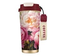Insulated Coffee Travel Mug, Peony Flowers Blossom Print Double Wall Stainless Steel Thermal Cup for Hot and Cold Drinks, 500ml Coffee Cup with Leakproof Lid and Straw, for Office Commute Camping