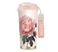 Insulated Coffee Travel Mug, Peony Print Double Wall Stainless Steel Thermal Cup for Hot and Cold Drinks, 500ml Coffee Cup with Leakproof Lid and Straw, for Office Commute Camping