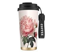 Insulated Coffee Travel Mug, Peony Print Double Wall Stainless Steel Thermal Cup for Hot and Cold Drinks, 500ml Coffee Cup with Leakproof Lid and Straw, for Office Commute Camping