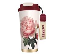 Insulated Coffee Travel Mug, Peony Print Double Wall Stainless Steel Thermal Cup for Hot and Cold Drinks, 500ml Coffee Cup with Leakproof Lid and Straw, for Office Commute Camping
