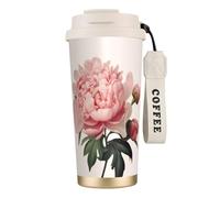 Insulated Coffee Travel Mug, Peony Print Double Wall Stainless Steel Thermal Cup for Hot and Cold Drinks, 500ml Coffee Cup with Leakproof Lid and Straw, for Office Commute Camping