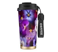 Insulated Coffee Travel Mug, Purple Flower Print Double Wall Stainless Steel Thermal Cup for Hot and Cold Drinks, 500ml Coffee Cup with Leakproof Lid and Straw, for Office Commute Camping