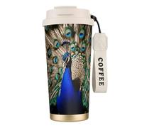 Insulated Coffee Travel Mug, The Peacock Print Double Wall Stainless Steel Thermal Cup for Hot and Cold Drinks, 500ml Coffee Cup with Leakproof Lid and Straw, for Office Commute Camping