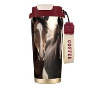 Insulated Coffee Travel Mug, Two Horses Print Double Wall Stainless Steel Thermal Cup for Hot and Cold Drinks, 500ml Coffee Cup with Leakproof Lid and Straw, for Office Commute Camping