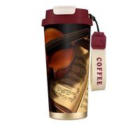 Insulated Coffee Travel Mug, Violin and Book Print Double Wall Stainless Steel Thermal Cup for Hot and Cold Drinks, 500ml Coffee Cup with Leakproof Lid and Straw, for Office Commute Camping