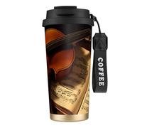 Insulated Coffee Travel Mug, Violin and Book Print Double Wall Stainless Steel Thermal Cup for Hot and Cold Drinks, 500ml Coffee Cup with Leakproof Lid and Straw, for Office Commute Camping
