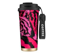 Insulated Coffee Travel Mug, Zebra Tiger Leopard Pink Print Double Wall Stainless Steel Thermal Cup for Hot and Cold Drinks, 500ml Coffee Cup with Leakproof Lid and Straw, for Office Commute Camping