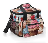 Insulated Cooler Bag, Cupcakes and Ice Cream Printed Portable Carrying Ice Chest, Portable Ice Chest Box is Suitable for Shopping, Camping, Work, Picnicking, Beach