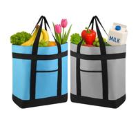 Insulated Cooler Tote Bags, Soft Totes with Top Zipper and Sided Pockets for Women，Grocery Shopping Travel Beach, Large Leak Proof Food Delivery Bag Frozen/Thermal Foods, Collapsible Design, Grey&Blue
