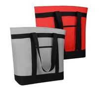 Insulated Cooler Tote Bags, Soft Totes with Top Zipper and Sided Pockets for Women，Grocery Shopping Travel Beach, Large Leak Proof Food Delivery Bag Frozen/Thermal Foods, Collapsible Design, Grey&Red