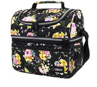 Insulated Dual Compartment Lunch Bag for Women, Ladies | Double Deck Reusable Lunch Box Cooler with Shoulder Strap, Leakproof Liner | Medium Lunch Pail for School, Work, Office (Floral Black)