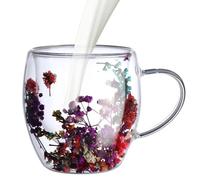 Insulated Glass Coffee Mug, Double Wall Glass Coffee Mugs - Aesthetic Beer Tankard with Dried Flowers - Large Capacity Lightweight Glass Cups with Handle for Hot and Cold Drinks