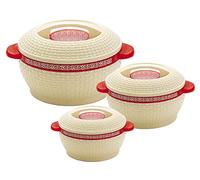 Insulated Hot pot Casserole Hot & Cool Food Serving Dish with Lid, Double Wall. Stainless Steel Inside Set of 3 (Size 1500,2000, & 2500ml) (Cream/Red Strip)