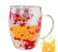 Insulated Layer Coffee Cup, Anti Scald Glass Mug, Flowers with Ergonomic Handle and Built in Dried Flower Design Elegant Coffee Tea Drinking Cup for Family Friends Kitchen Office Gift Use 12oz