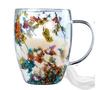Insulated Layer Flowers Coffee Cup, Double Walled Glass Coffee Mug with Handle, Aesthetic Dried Flowers Double Walled Glass Cups, Anti-Scald Glass Coffee Mug Built-in Selected Dried Flowers for Famil