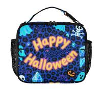 Insulated Lunch Bag for Kids Double Zipper Thermal Lunch Boxes Adjustable Shoulder Strap Cooler Bag for Beach Travel Halloween Blue Leopard Print Pumpkin