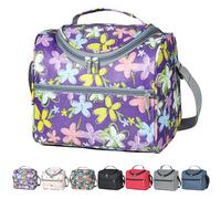 Insulated Lunch Bag with 3-Layer Insulation, Oxford Fabric Lunch Box with Shoulder Strap, Multi-Compartment Storage (Purple Floral)