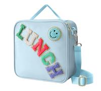 Insulated Lunch Bag with Adjustable Shoulder Strap, Nylon, Large Reusable Thermal Lunch Bag with Smiley for Girls, School, Travel, Picnic (Blue)