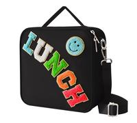 Insulated Lunch Bag With Adjustable Shoulder Strap, Nylon Preppy Lunch Box Large Insulated Lunch Bag Reusable Lunch Tote Bag with Smiley Preppy LunchBag for Girls School Travel Picnic (Black)