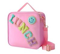 Insulated Lunch Bag With Adjustable Shoulder Strap, Nylon Preppy Lunch Box Large Insulated Lunch Bag Reusable Lunch Tote Bag with Smiley Preppy LunchBag for Girls School Travel Picnic (Pink)