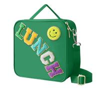 Insulated Lunch Bag With Adjustable Shoulder Strap, Nylon Preppy Lunch Box Large Insulated Lunch Bag Reusable Lunch Tote Bag with Smiley Preppy LunchBag for Girls School Travel Picnic (Dark green)