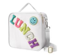 Insulated Lunch Bag With Adjustable Shoulder Strap, Nylon Preppy Lunch Box Large Insulated Lunch Bag Reusable Lunch Tote Bag with Smiley Preppy LunchBag for Girls School Travel Picnic (White)