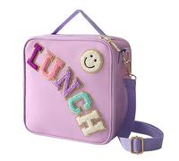 Insulated Lunch Bag With Adjustable Shoulder Strap, Nylon Preppy Lunch Box Large Insulated Lunch Bag Reusable Lunch Tote Bag with Smiley Preppy LunchBag for Girls School Travel Picnic (Purple)